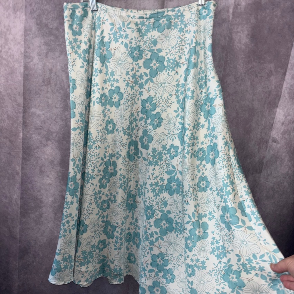 Kate Hill Silk Size 12 Turquoise Blue White Floral A-Line Skirt Cottagecore